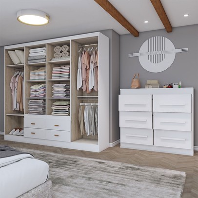 Guarda-Roupa Casal Europa 8 Portas 4 Gavetas e Cômoda 6 Gavetas Branco - Panorama Móveis