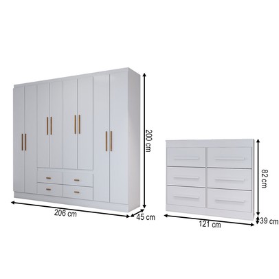 Guarda-Roupa Casal Europa 8 Portas 4 Gavetas e Cômoda 6 Gavetas Branco - Panorama Móveis