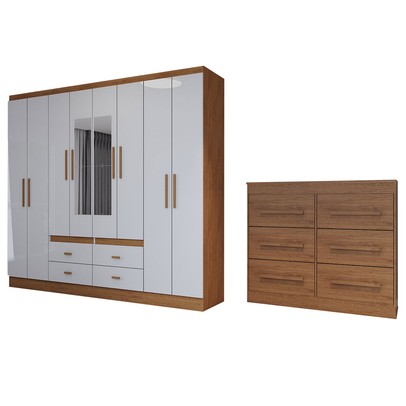 Guarda-Roupa Casal Europa 8 Portas 4 Gavetas e Cômoda 6 Gavetas com Espelho Cinamomo/Off White - Panorama Móveis