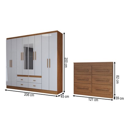 Guarda-Roupa Casal Europa 8 Portas 4 Gavetas e Cômoda 6 Gavetas com Espelho Cinamomo/Off White - Panorama Móveis