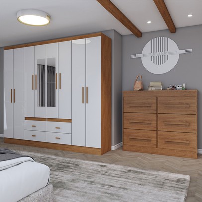 Guarda-Roupa Casal Europa 8 Portas 4 Gavetas e Cômoda 6 Gavetas com Espelho Cinamomo/Off White - Panorama Móveis