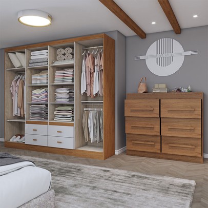 Guarda-Roupa Casal Europa 8 Portas 4 Gavetas e Cômoda 6 Gavetas com Espelho Cinamomo/Off White - Panorama Móveis
