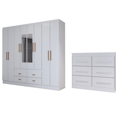 Guarda-Roupa Casal Europa 8 Portas 4 Gavetas e Cômoda 6 Gavetas com Espelho Branco - Panorama Móveis