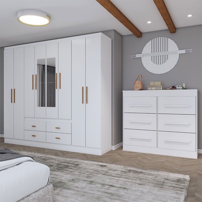 Guarda-Roupa Casal Europa 8 Portas 4 Gavetas e Cômoda 6 Gavetas com Espelho Branco - Panorama Móveis