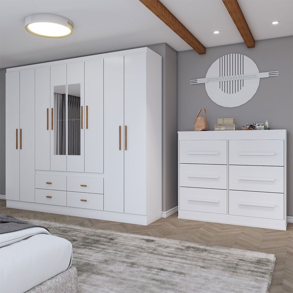 Guarda-Roupa Casal Europa 8 Portas 4 Gavetas e Cômoda 6 Gavetas com Espelho Branco - Panorama Móveis