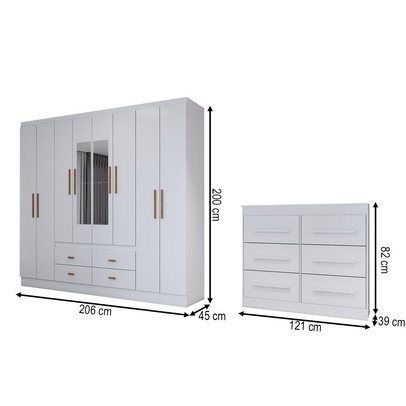 Guarda-Roupa Casal Europa 8 Portas 4 Gavetas e Cômoda 6 Gavetas com Espelho Branco - Panorama Móveis