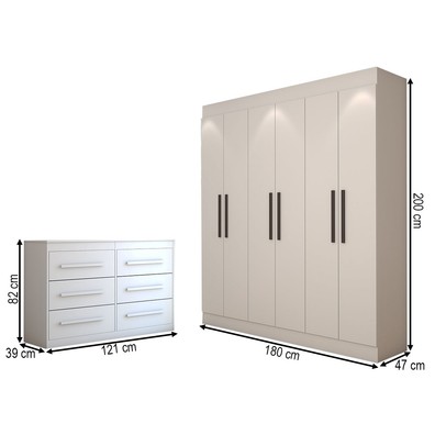 Guarda-Roupa Casal Europa 6 Portas 2 Gavetas com Cômoda 6 Gavetas 100% Mdf Branco - Panorama Móveis