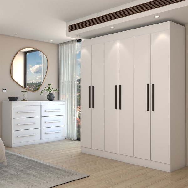 Guarda-Roupa Casal Europa 6 Portas 2 Gavetas com Cômoda 6 Gavetas 100% Mdf Branco - Panorama Móveis