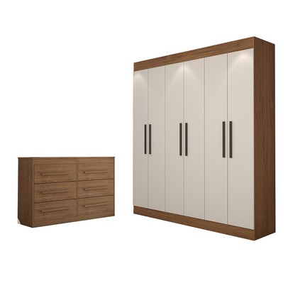 Guarda-Roupa Casal Europa 6 Portas 2 Gavetas com Cômoda 6 Gavetas 100% Mdf Cinamomo/Off White - Panorama Móveis