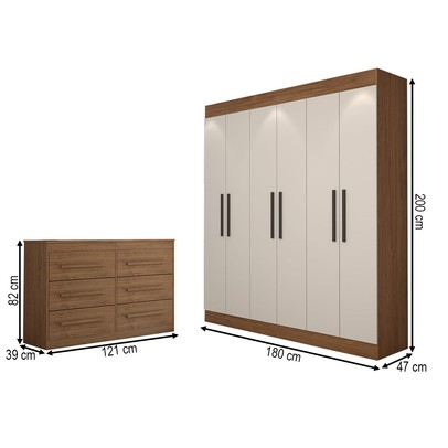 Guarda-Roupa Casal Europa 6 Portas 2 Gavetas com Cômoda 6 Gavetas 100% Mdf Cinamomo/Off White - Panorama Móveis