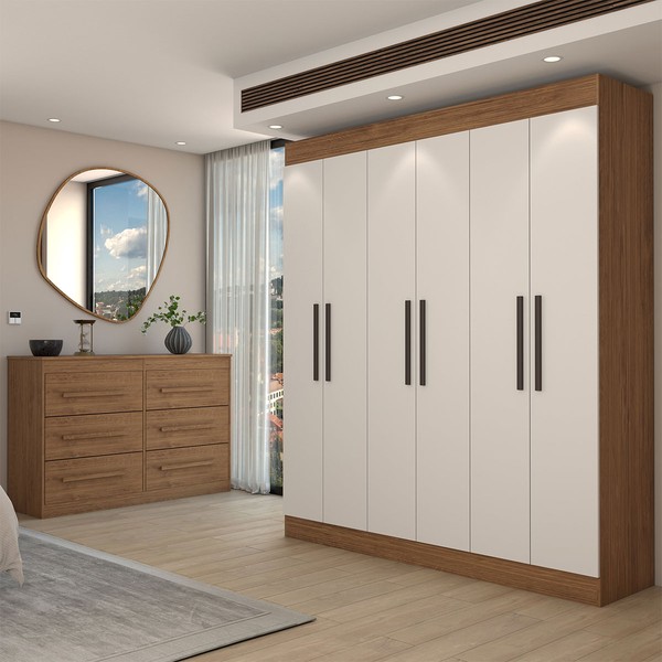 Guarda-Roupa Casal Europa 6 Portas 2 Gavetas com Cômoda 6 Gavetas 100% Mdf Cinamomo/Off White - Panorama Móveis