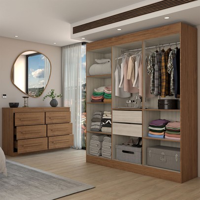 Guarda-Roupa Casal Europa 6 Portas 2 Gavetas com Cômoda 6 Gavetas 100% Mdf Cinamomo/Off White - Panorama Móveis