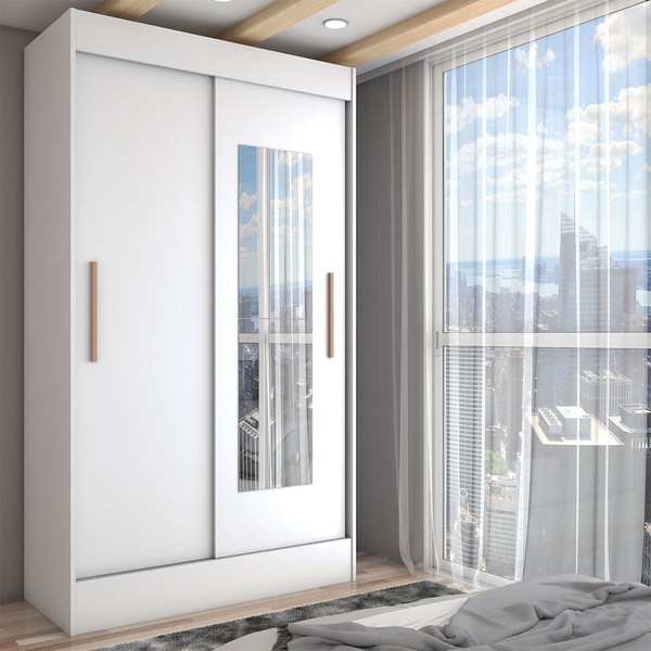 Guarda-Roupa Solteiro Europa 2 Portas 2 Gavetas com Espelho Branco - Panorama Móveis