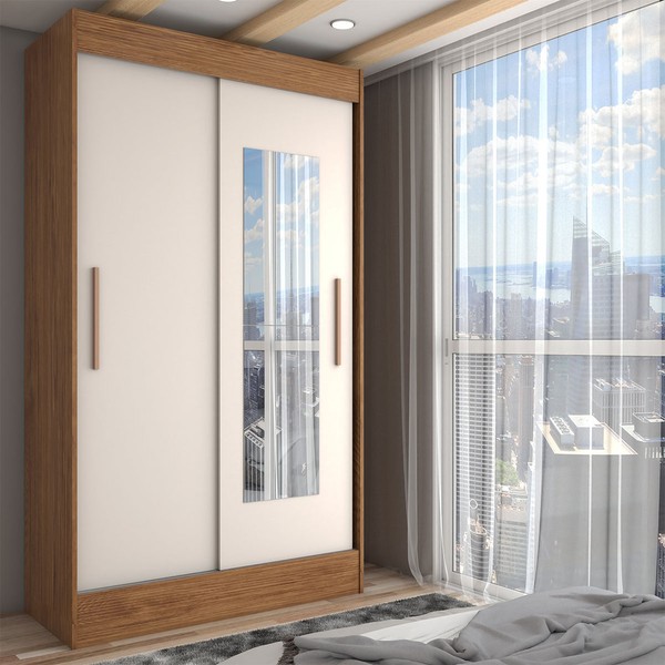 Guarda-Roupa Solteiro Europa 2 Portas 2 Gavetas com Espelho Cinamomo/Off White - Panorama Móveis