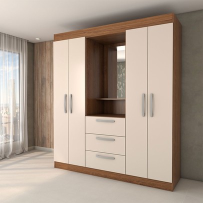 Guarda-Roupa Solteiro Europa 4 Portas 3 Gavetas Cinamomo/Off White - Panorama Móveis