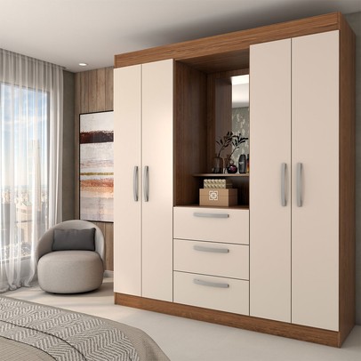 Guarda-Roupa Solteiro Europa 4 Portas 3 Gavetas Cinamomo/Off White - Panorama Móveis