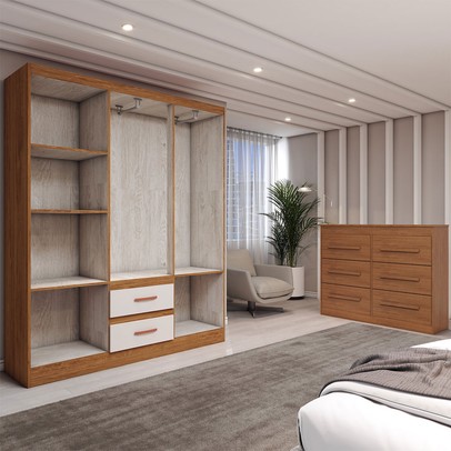 Guarda-Roupa Solteiro Europa 6 Portas 2 Gavetas com Cômoda 6 Gavetas com Espelho Cinamomo/Off White - Panorama Móveis