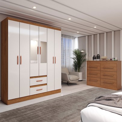 Guarda-Roupa Solteiro Europa 6 Portas 2 Gavetas com Cômoda 6 Gavetas com Espelho Cinamomo/Off White - Panorama Móveis
