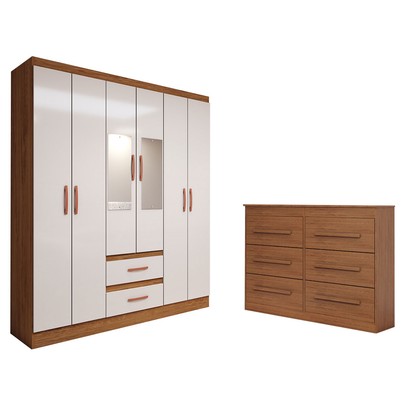 Guarda-Roupa Solteiro Europa 6 Portas 2 Gavetas com Cômoda 6 Gavetas com Espelho Cinamomo/Off White - Panorama Móveis