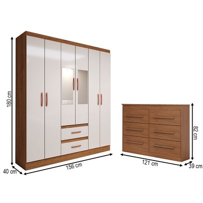 Guarda-Roupa Solteiro Europa 6 Portas 2 Gavetas com Cômoda 6 Gavetas com Espelho Cinamomo/Off White - Panorama Móveis