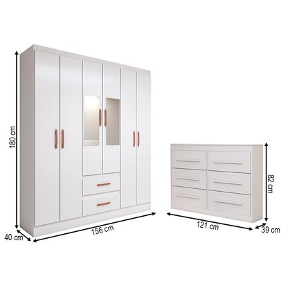 Guarda-Roupa Solteiro Europa 6 Portas 2 Gavetas com Cômoda 6 Gavetas com Espelho Branco - Panorama Móveis
