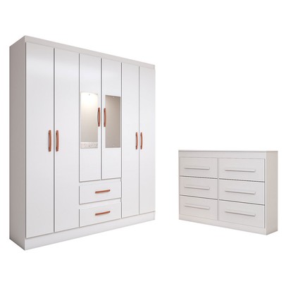 Guarda-Roupa Solteiro Europa 6 Portas 2 Gavetas com Cômoda 6 Gavetas com Espelho Branco - Panorama Móveis
