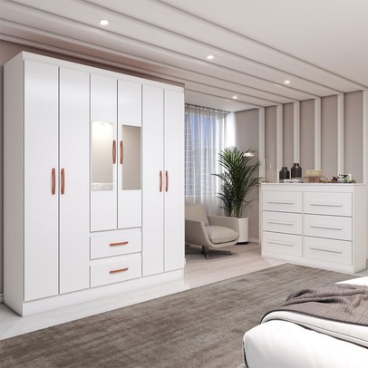 Guarda-Roupa Solteiro Europa 6 Portas 2 Gavetas com Cômoda 6 Gavetas com Espelho Branco - Panorama Móveis