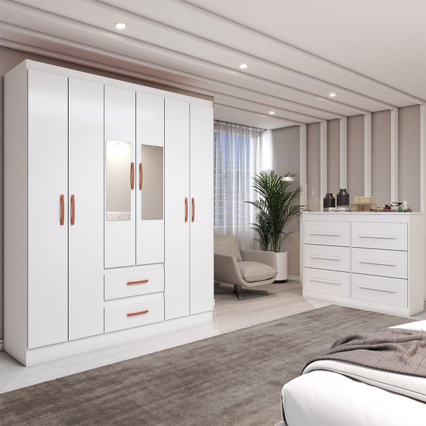 Guarda-Roupa Solteiro Europa 6 Portas 2 Gavetas com Cômoda 6 Gavetas com Espelho Branco - Panorama Móveis