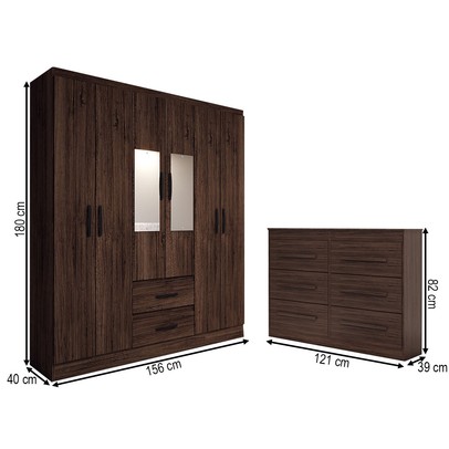 Guarda-Roupa Solteiro Europa 6 Portas 2 Gavetas com Cômoda 6 Gavetas com Espelho Castanho - Panorama Móveis