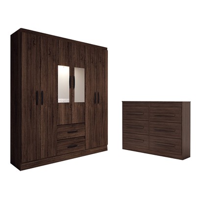Guarda-Roupa Solteiro Europa 6 Portas 2 Gavetas com Cômoda 6 Gavetas com Espelho Castanho - Panorama Móveis