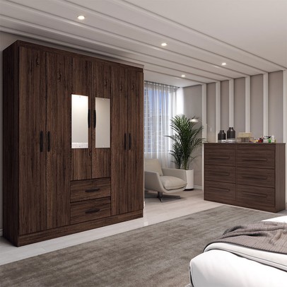 Guarda-Roupa Solteiro Europa 6 Portas 2 Gavetas com Cômoda 6 Gavetas com Espelho Castanho - Panorama Móveis