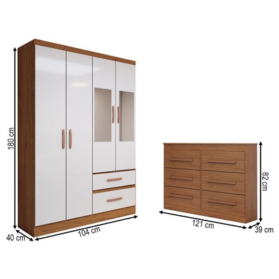 Guarda-Roupa Solteiro Europa 4 Portas 2 Gavetas e Cômoda 6 Gavetas com Espelho Cinamomo/Off White - Panorama Móveis