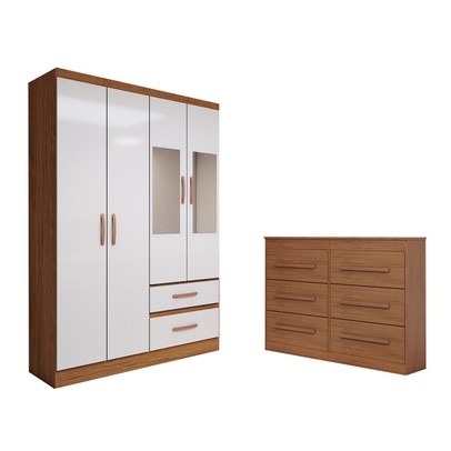 Guarda-Roupa Solteiro Europa 4 Portas 2 Gavetas e Cômoda 6 Gavetas com Espelho Cinamomo/Off White - Panorama Móveis