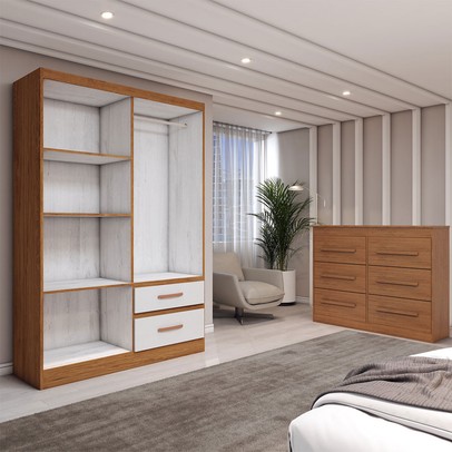 Guarda-Roupa Solteiro Europa 4 Portas 2 Gavetas e Cômoda 6 Gavetas com Espelho Cinamomo/Off White - Panorama Móveis