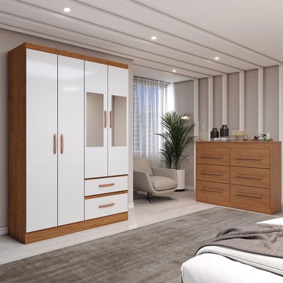 Guarda-Roupa Solteiro Europa 4 Portas 2 Gavetas e Cômoda 6 Gavetas com Espelho Cinamomo/Off White - Panorama Móveis