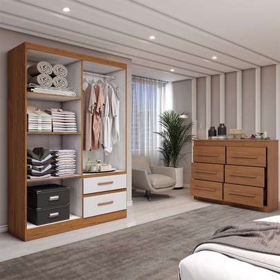 Guarda-Roupa Solteiro Europa 4 Portas 2 Gavetas e Cômoda 6 Gavetas com Espelho Cinamomo/Off White - Panorama Móveis