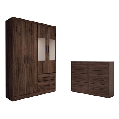 Guarda-Roupa Solteiro Europa 4 Portas 2 Gavetas e Cômoda 6 Gavetas com Espelho Castanho - Panorama Móveis