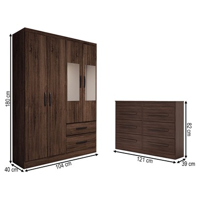 Guarda-Roupa Solteiro Europa 4 Portas 2 Gavetas e Cômoda 6 Gavetas com Espelho Castanho - Panorama Móveis