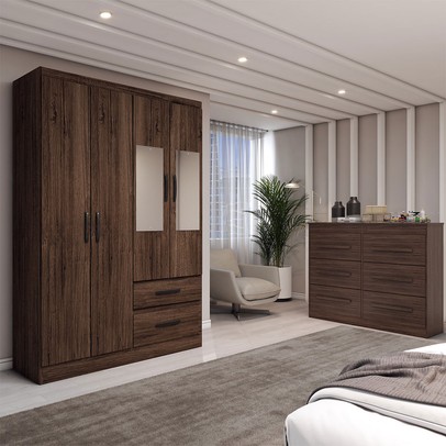 Guarda-Roupa Solteiro Europa 4 Portas 2 Gavetas e Cômoda 6 Gavetas com Espelho Castanho - Panorama Móveis