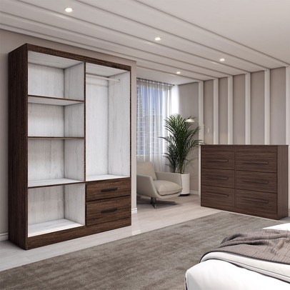 Guarda-Roupa Solteiro Europa 4 Portas 2 Gavetas e Cômoda 6 Gavetas com Espelho Castanho - Panorama Móveis