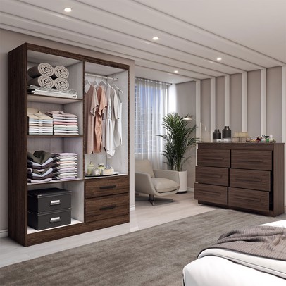 Guarda-Roupa Solteiro Europa 4 Portas 2 Gavetas e Cômoda 6 Gavetas com Espelho Castanho - Panorama Móveis