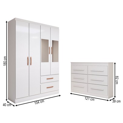 Guarda-Roupa Solteiro Europa 4 Portas 2 Gavetas e Cômoda 6 Gavetas com Espelho Branco - Panorama Móveis