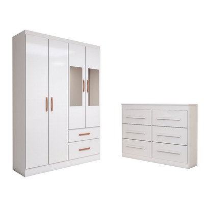 Guarda-Roupa Solteiro Europa 4 Portas 2 Gavetas e Cômoda 6 Gavetas com Espelho Branco - Panorama Móveis