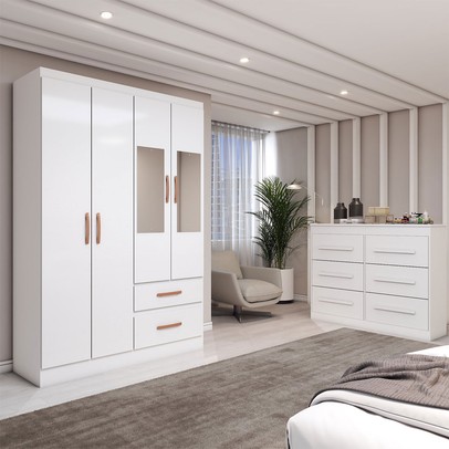 Guarda-Roupa Solteiro Europa 4 Portas 2 Gavetas e Cômoda 6 Gavetas com Espelho Branco - Panorama Móveis