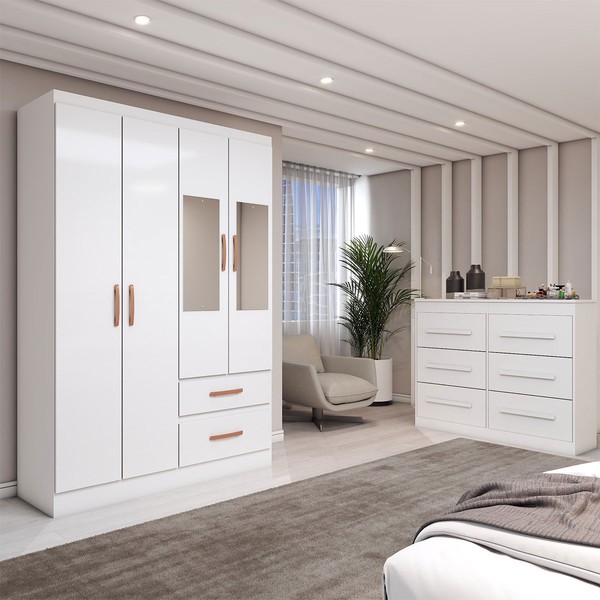 Guarda-Roupa Solteiro Europa 4 Portas 2 Gavetas e Cômoda 6 Gavetas com Espelho Branco - Panorama Móveis