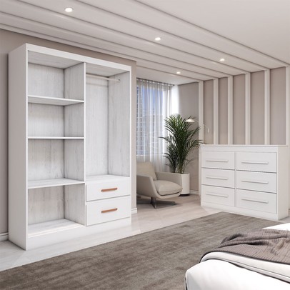 Guarda-Roupa Solteiro Europa 4 Portas 2 Gavetas e Cômoda 6 Gavetas com Espelho Branco - Panorama Móveis