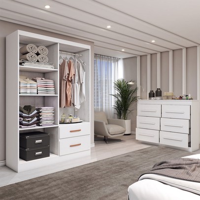 Guarda-Roupa Solteiro Europa 4 Portas 2 Gavetas e Cômoda 6 Gavetas com Espelho Branco - Panorama Móveis