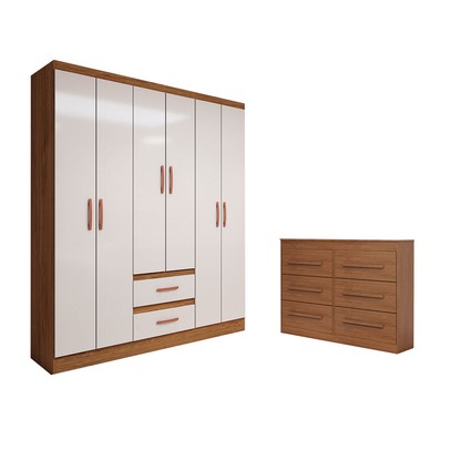 Guarda-Roupa Solteiro Europa 6 Portas 2 Gavetas com Cômoda 6 Gavetas Cinamomo/Off White - Panorama Móveis