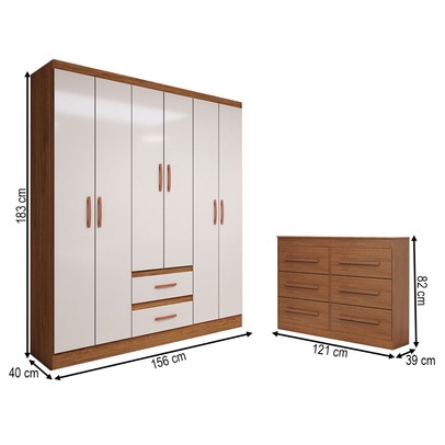 Guarda-Roupa Solteiro Europa 6 Portas 2 Gavetas com Cômoda 6 Gavetas Cinamomo/Off White - Panorama Móveis