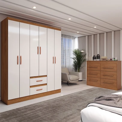 Guarda-Roupa Solteiro Europa 6 Portas 2 Gavetas com Cômoda 6 Gavetas Cinamomo/Off White - Panorama Móveis